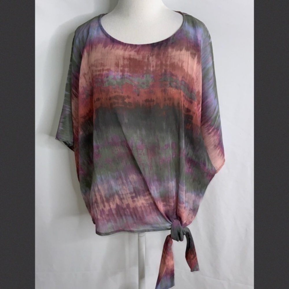 Democracy Lavender Gray Tie Dye Bat Wing Tie at Waist Casual Dressy Top MP